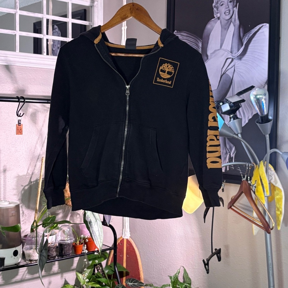Timberland Black Zip Up Hoodie‎ Logo Sleeve Graphic Fleece Lined Kids M 10 12